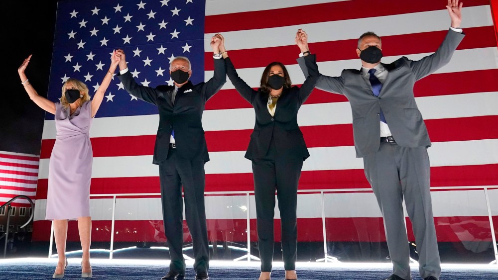 President-elect Joe Biden, and his wife Jill Biden, join Democratic vice presidential candidate Sen. Kamala Harris, D-Calif., and her husband Doug Emhoff, during the fourth day of the Democratic National Convention.