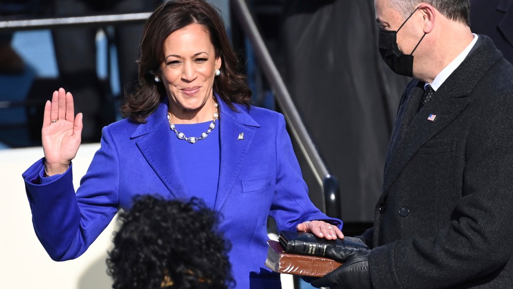 Kamala Harris is sworn in as vice president by Supreme Court Justice Sonia Sotomayor, wearing a necklace by Wilfredo Rosado.