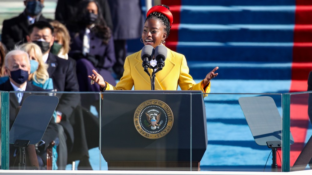 WASHINGTON, DC - JANUARY 20: Youth Poet Laureate Amanda Gorman speaks at the inauguration of U.S. President Joe Biden on the West Front of the U.S. Capitol on January 20, 2021 in Washington, DC.  During today's inauguration ceremony Joe Biden becomes the 46th president of the United States. (Photo by Rob Carr/Getty Images)