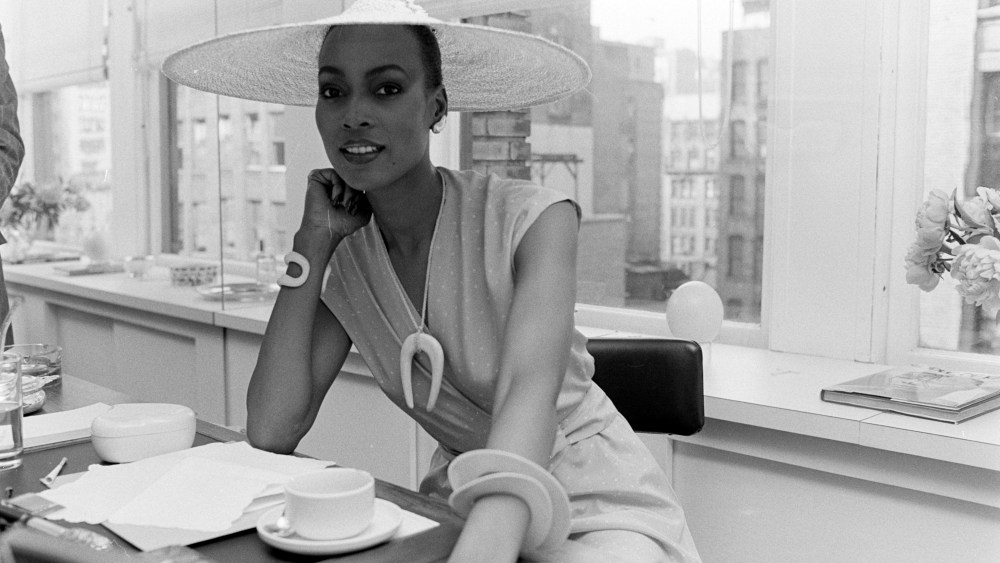 Model Naomi Sims discusses her first fragrance line called "Naomi" in New York on May 15, 1979.