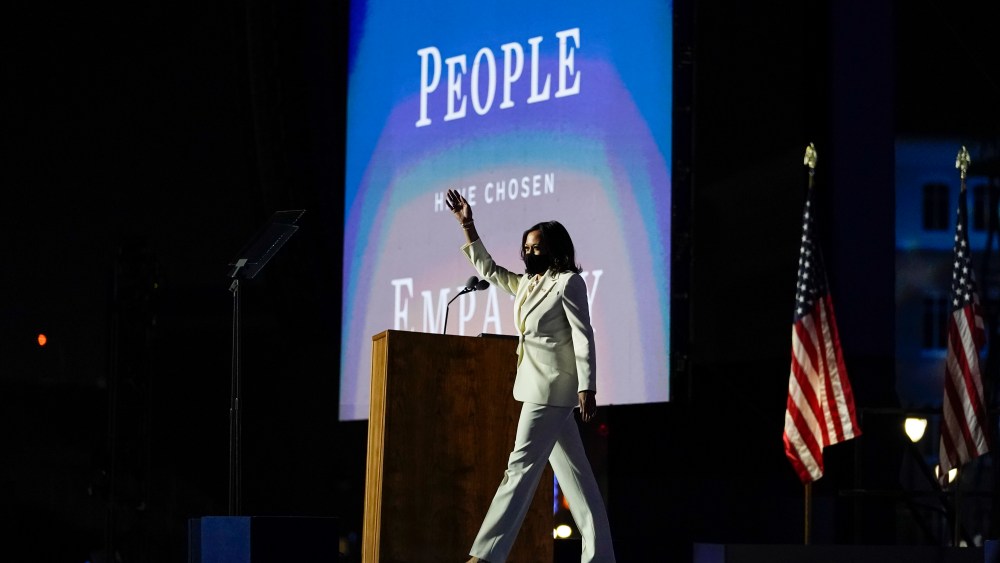 Vice President-elect Kamala Harris arrives to speaks Saturday, Nov. 7, 2020, in Wilmington, Del. (AP Photo/Carolyn Kaster)