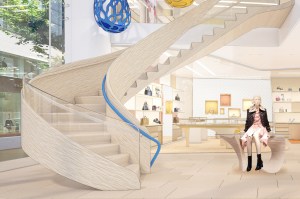 Rendering shows the winding staircase in the new Ginza boutique.
