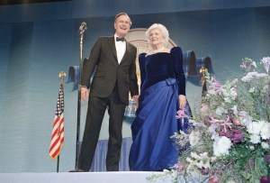 President George Bush and first lady Barbara Bush attend one of the Inaugural Balls, Jan. 21, 1989.