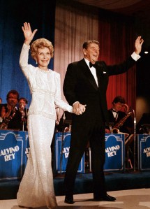 President Ronald Reagan and first lady Nancy Reagan arrive at the inaugural ball in the Washington Hilton, January 21, 1985.