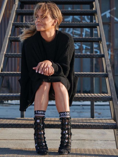 United Legwear's Fun Socks brand partnered with I am a voter. on a pair of socks that Halle Berry wore in an Instagram post.