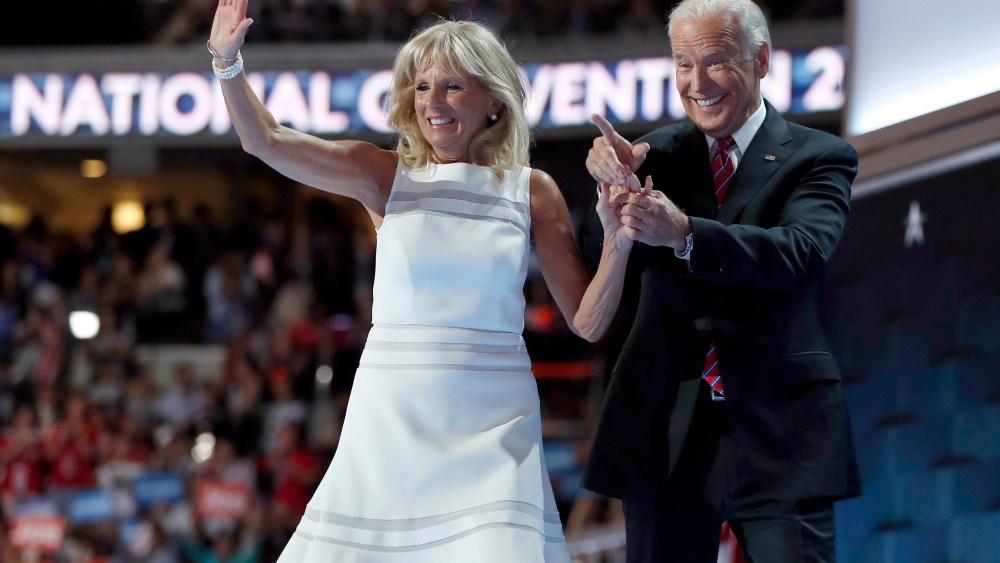 Dr. Jill Biden and Vice President Joe Biden wave after speaking to delegates during the third day session of the Democratic National Convention in Philadelphia, Wednesday, July 27, 2016. (AP Photo/Carolyn Kaster)