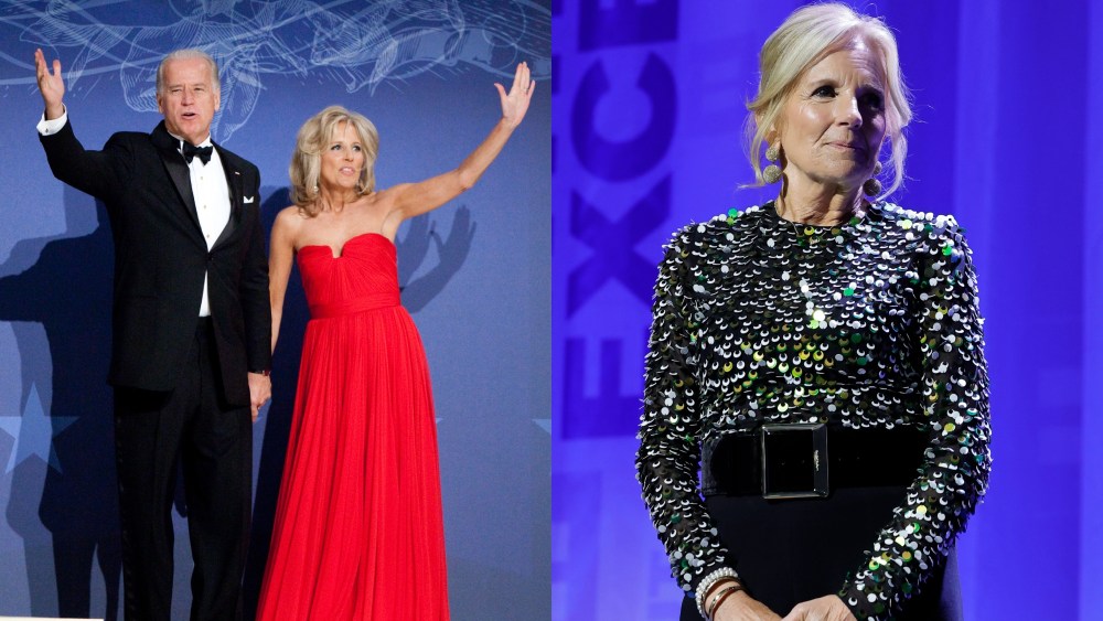 Jill Biden wearing Reem Acra in 2009, left. Jill Biden wearing Sergio Hudson in 2024, right.