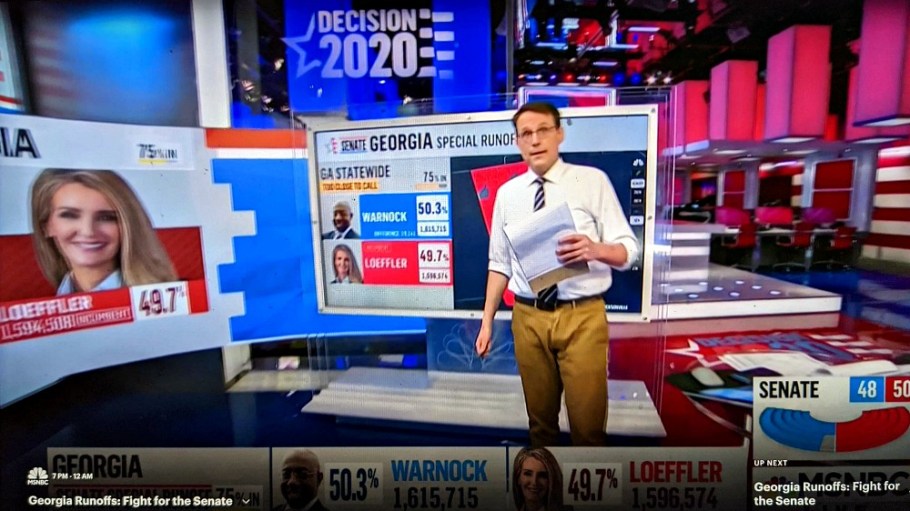 Harkening back to November, MSNBC anchor Steve Kornacki is back in his Gap khakis to manage the electoral map for the Georgia Senate runoff.