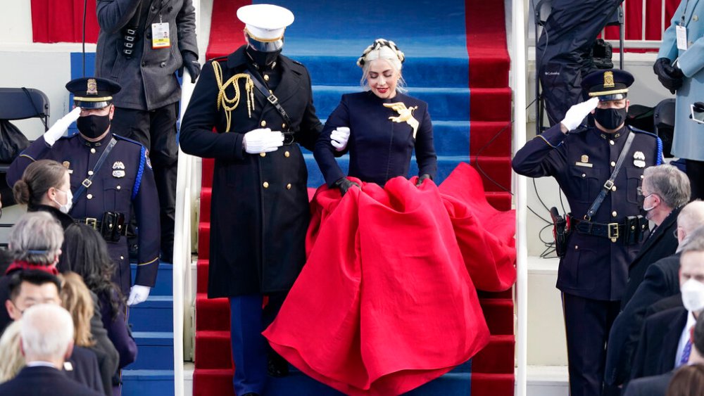 Lady Gaga arrives to sing the National Anthem during the 59th Presidential Inauguration at the U.S. Capitol in Washington, Wednesday, Jan. 20, 2021. (AP Photo/Patrick Semansky, Pool)
