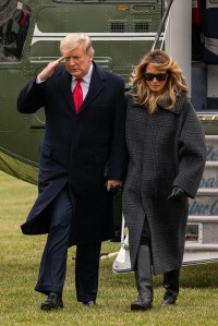 United States President Donald J. Trump and first lady Melania Trump return aboard Marine One after cutting short their Florida vacation on the South Lawn of the White House in Washington, DC, Thursday, December 31, 2020. Credit: Ken Cedeno / Pool via CNP. 31 Dec 2020 Pictured: United States President Donald J. Trump salutes the Marine Guard as he and first lady Melania Trump return aboard Marine One after cutting short their Florida vacation on the South Lawn of the White House in Washington, DC, Thursday, December 31, 2020. Credit: Ken Cedeno / Pool via CNP. Photo credit: Ken Cedeno - Pool via CNP / MEGA TheMegaAgency.com +1 888 505 6342 (Mega Agency TagID: MEGA723696_011.jpg) [Photo via Mega Agency]