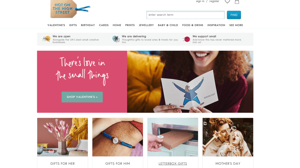 Landing page of Notonthehighstreet