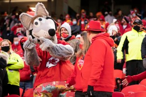 KC Wolf dances with fans.