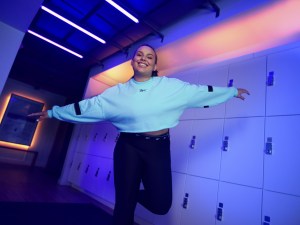Featured here are the Studio Cropped French Terry Crew Sweatshirt and the Studio Mesh Leggings.