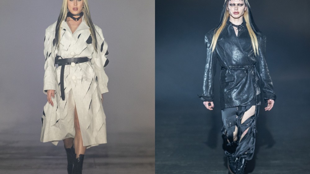 RuPaul Drag Race UK's front running contestants A’Whora and Bimini Bon-Boulash sported an oversized leather blazer and a slashed coat, respectively at fashion label Art School's fall 2021 show.