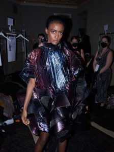 Backstage at Christian Siriano RTW Fall 2021.