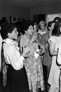 Linda Johnson and Eunice Johnson of Ebony/Jet magazines and Fashion Fair attend a party for the debut of Emlin cosmetics line in Chicago, 1977.
