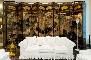A Coromandel lacquer screen in Chanel's renovated haute couture salon in Paris.