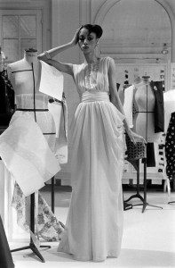 Model Sandi Bass in poses in Givenchy Spring 1979 couture eveningwear.