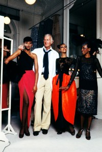 Designer Hubert de Givenchy with models Carol Miles (L) Sandi Bass and Diane Washington wearing Givenchy Fall 1978 Couture Collection Advance.