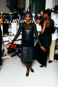Model Diane Washington poses in eveningwear from Givenchy’s Fall 1978 Couture Advance during a fitting at the designer’s Paris Atelier.