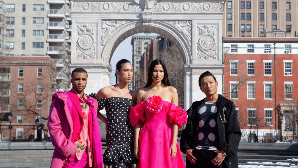 Prabal Gurung and looks from his Fall 2021 collection modeled by “Pose” actor Dyllón Burnside,  model Dara Allen and singer-songwriter Varsha Thapa.