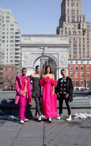 Prabal Gurung and looks from his Fall 2021 collection modeled by “Pose” actor Dyllón Burnside,  model Dara Allen and singer-songwriter Varsha Thapa.