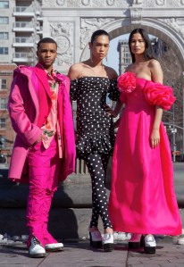 Looks from Prabal Gurung's Fall 2021 collection modeled by POSE cast members Dyllón Burnside, Dara Allen, and Varsha Thapa.