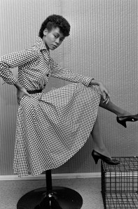 Model Romney Russo in Lester Hayatt for Spring 1980 sportswear collection.