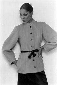 Model Lynn Watts poses in an ensemble from Philippe Venet's Spring 1980 Couture Collection Advance.