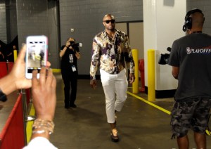 P.J. Tucker arrives for Game 2 of the team's NBA basketball Western Conference finals against the Golden State Warriors in May 2018.