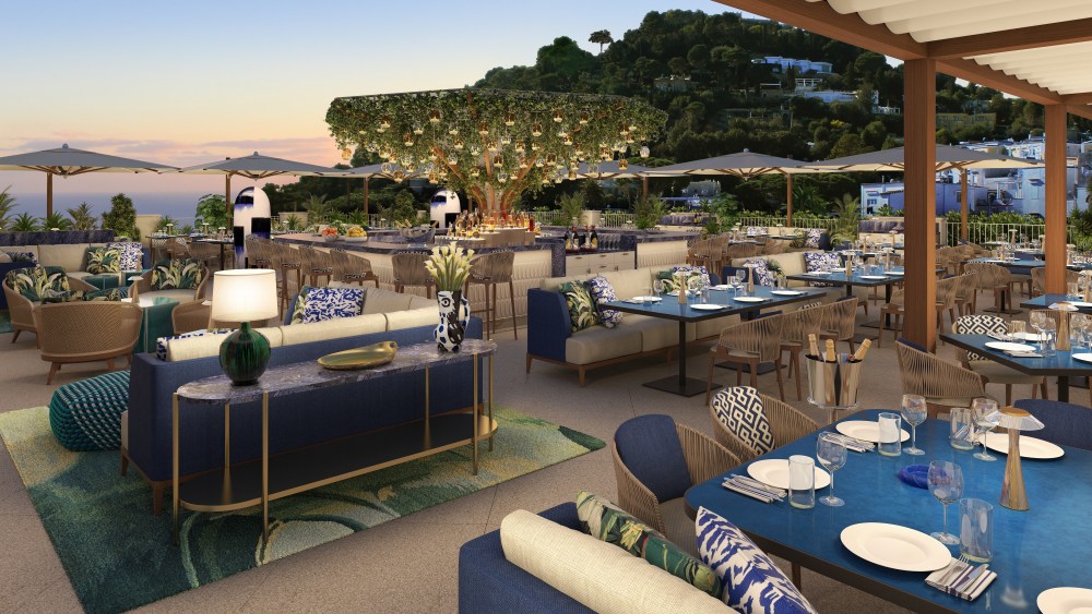 A rendering of the rooftop restaurant and bar at the Hotel La Palma, set to open in Capri in April 2022.