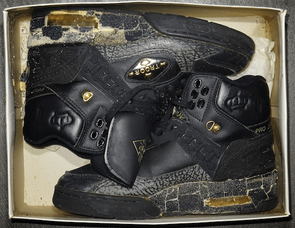 A pair of sneakers displayed in the Slam Jam archive.