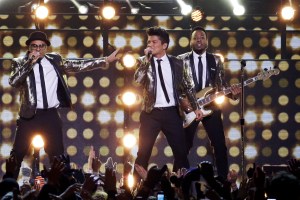 Bruno Mars performs during the halftime show of the NFL Super Bowl XLVIII football game Sunday, Feb. 2, 2014, in East Rutherford, N.J. (AP Photo/Mark Humphrey)