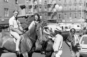 Christopher Plummer and Sigourney Weaver, both on horseback, confer with director Peter Yates during production of "Eyewitness" in New York City on June 24, 1980.