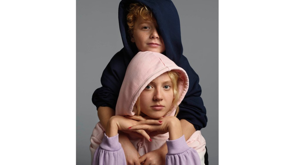 Skaters Bombette and Kayo Martin in tie-dye Ts and Gap hoodies.