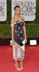 Zoe Saldana arrives at the 71st annual Golden Globe Awards at the Beverly Hilton Hotel on Sunday, Jan. 12, 2014, in Beverly Hills, Calif. (Photo by John Shearer/Invision/AP)