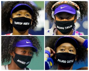 FILE- In this combo of 2020 file photos, Naomi Osaka, of Japan, wears face masks bearing the names of Black victims of police violence and racial profiling during the U.S. Open tennis tournament in New York  Osaka has been selected by The Associated Press as the Female Athlete of the Year. (AP Photo/Frank Franklin II, top, Seth Wenig)