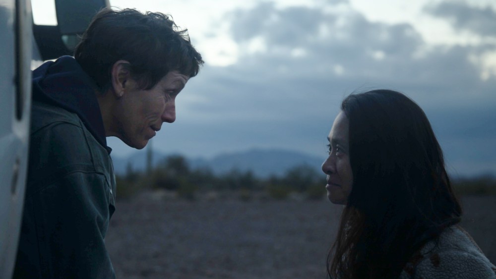 Frances McDormand and Director/Writer Chloé Zhao on the set of NOMADLAND. Photo by Joshua James Richards. © 2020 20th Century Studios All Rights Reserved