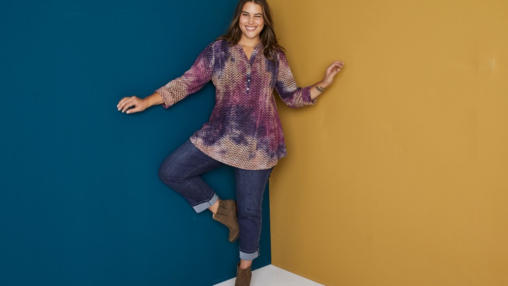 Key to the Dressbarn assortment: jeans and tie-dyed styles.