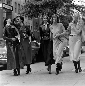 Halston's customers Betsy Theodoracopulus, Elsa Peretti, Kitty Hawks, Berry Berenson and Sandy Kirkland model his fall collection.