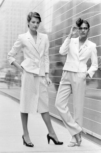 Models pose in suiting separates from Liz Claiborne's spring 1980 sportswear collection advance.