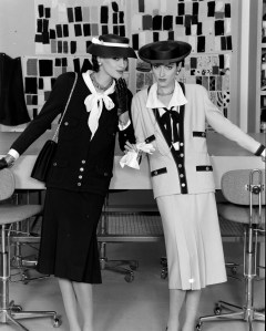 Models pose in looks from Chanel's spring 1984 couture collection advance designed by Karl Lagerfeld. Model Ines de La Fressange (L).