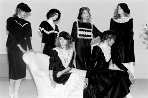 Models pose in signature looks from designer Jessica McClintock's fall 1983 dress collection.