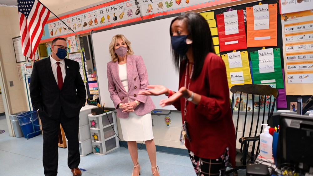 First lady Jill Biden and Education Secretary Miguel Cardona visit a classroom as they tour Benjamin Franklin Elementary School, Wednesday, March 3, 2021 in Meriden, Ct.