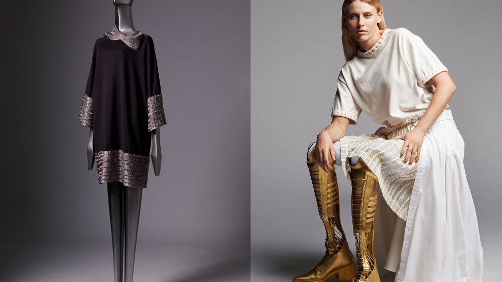 Yuima Nakazato's modular and circular ready-to-wear, on a mannequin and on model Lauren Wasser