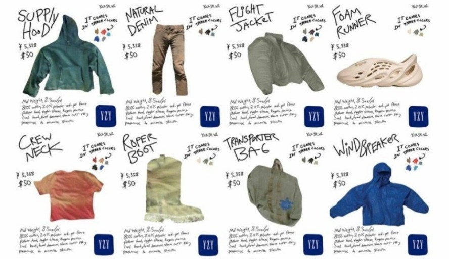 In October, a compilation of product images shared by Twitter user @_alchimist highlighted eight potential Yeezy x Gap products, including a T-shirt, a supply hoodie, a flight jacket, a roper boot, a transporter bag, a windbreaker and a version of the futuristic, 3D printed foam runner.
