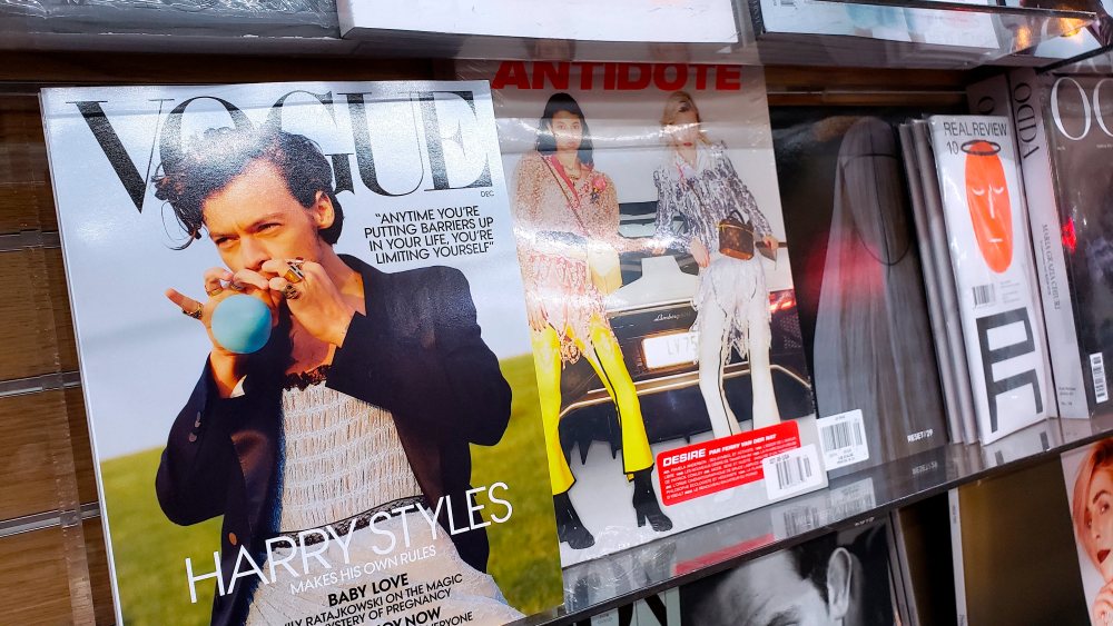 Vogue's december cover with British artist Harry Styles photographed by Tyler Mitchell on local newsstand in New York, NY on November 24, 2020. Harry Styles has become the first solo male cover star of Vogue in the magazine's 128-year history. Photo by Charles Guerin/Abaca/Sipa USA(Sipa via AP Images)