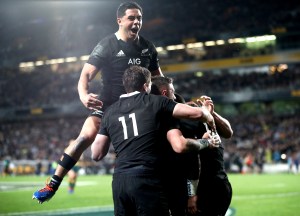 AUCKLAND, NEW ZEALAND - AUGUST 17: Anton Lienert-Brown celebrates a try to Sevu Reece of the All Blacks during The Rugby Championship and Bledisloe Cup Test match between the New Zealand All Blacks and the Australian Wallabies at Eden Park on August 17, 2019 in Auckland, New Zealand. (Photo by Phil Walter/Getty Images)