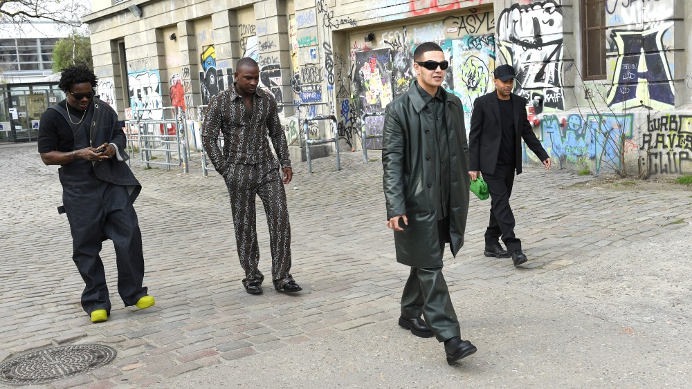 BERLIN, GERMANY - APRIL 09: Kwes Darko, Skepta, Slowthai and Alex Sossah arrive at Bottega Veneta Salon 02 Berlin at the Berghain on April 09, 2021 in Berlin, Germany. (Photo by Getty Images/Getty Images for Client)