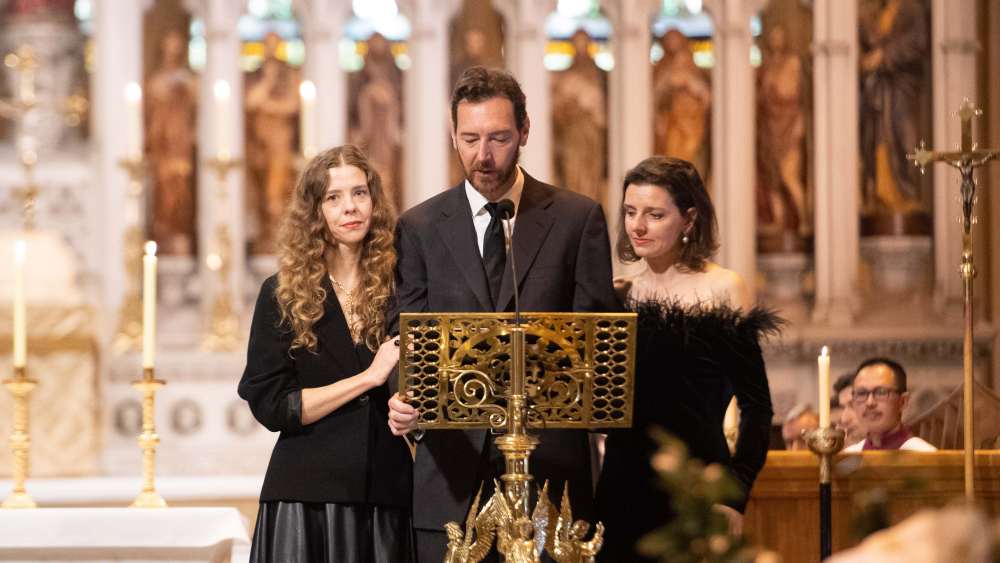 From left: Carla Zampatti's children Bianca Spender, Alexander Schuman and Allegra Spender, reading a eulogy at their mother's funeral.